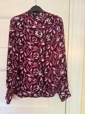 Halogen (Nordstrom) Burgundy Floral Faux Wrap V-Neck Long-Sleeve Blouse